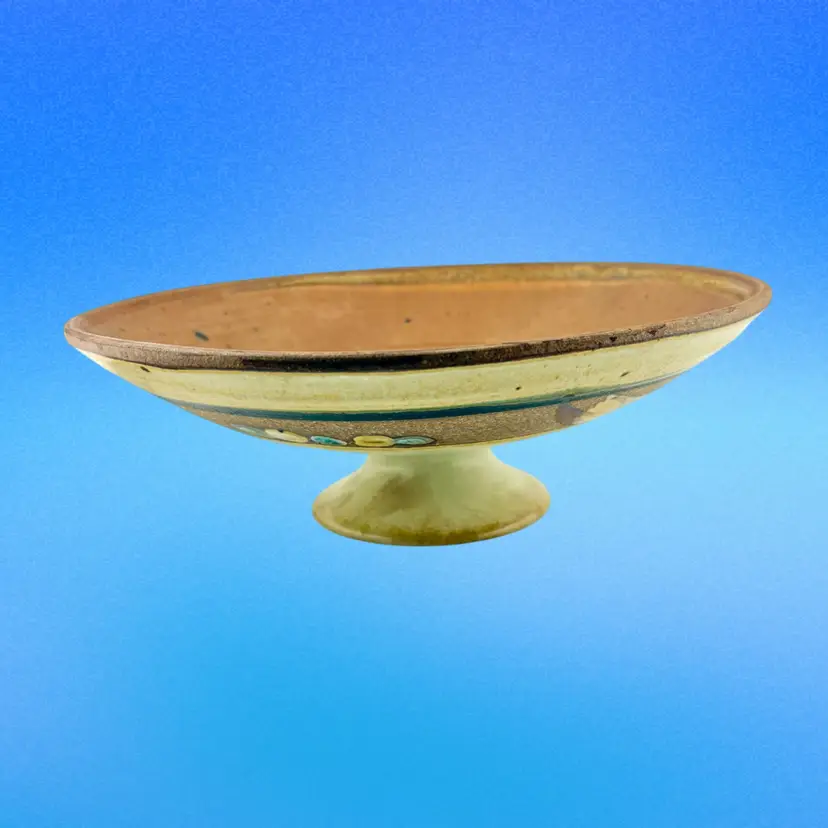 Vintage Pottery Fruit Compote Painted On The Underside 3”
Tall x 9” Across
