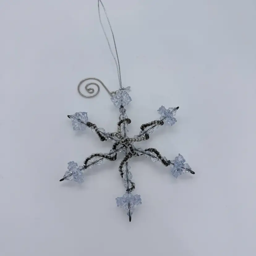 Vtg. Blue Ice Hand Beaded Snowflake Tree Window Ornament With Ornate Beads 5”X5”