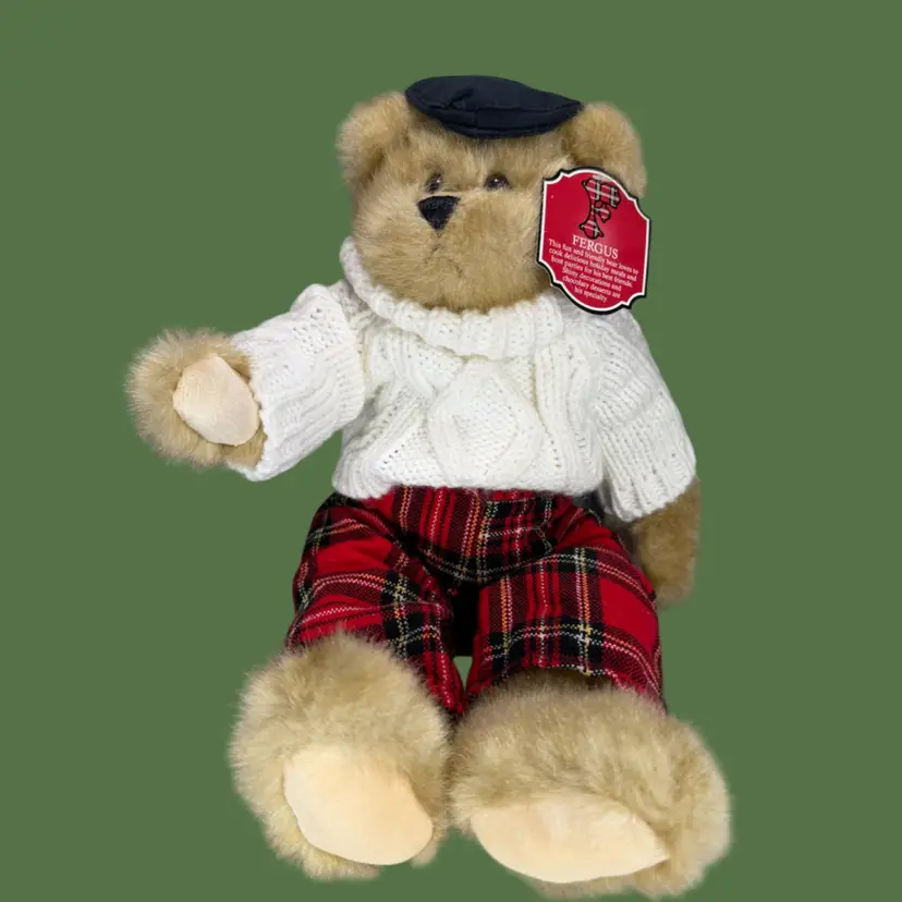 Vintage Fergus Christmas Teddy Bear Plush | Cable Knit Sweater | Tartan Plaid Pants | Holiday Collectible | With Tag