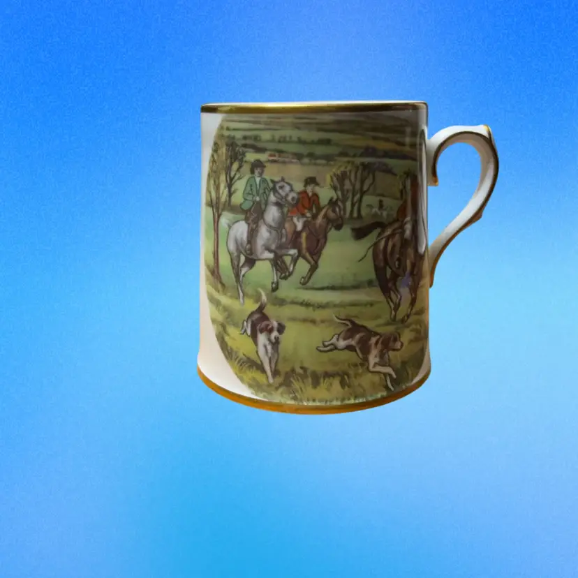 08. Vintage Gibsons Staffordshire England Ceramic Hunting Scene Mug Gold Trim