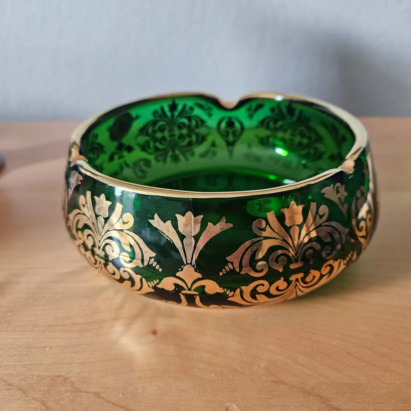 Vintage BCL Bohemian Emerald Green Glass Gold Painted Ashtray Czechoslovakia