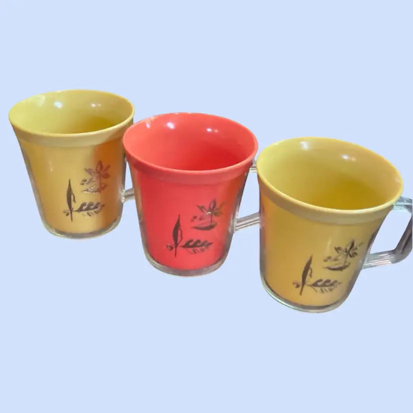 #025- 3pc Vintage Insulated Cups by Burrite double-walled insulated Mugs Embossed Golden Leaf design MCM 1950s