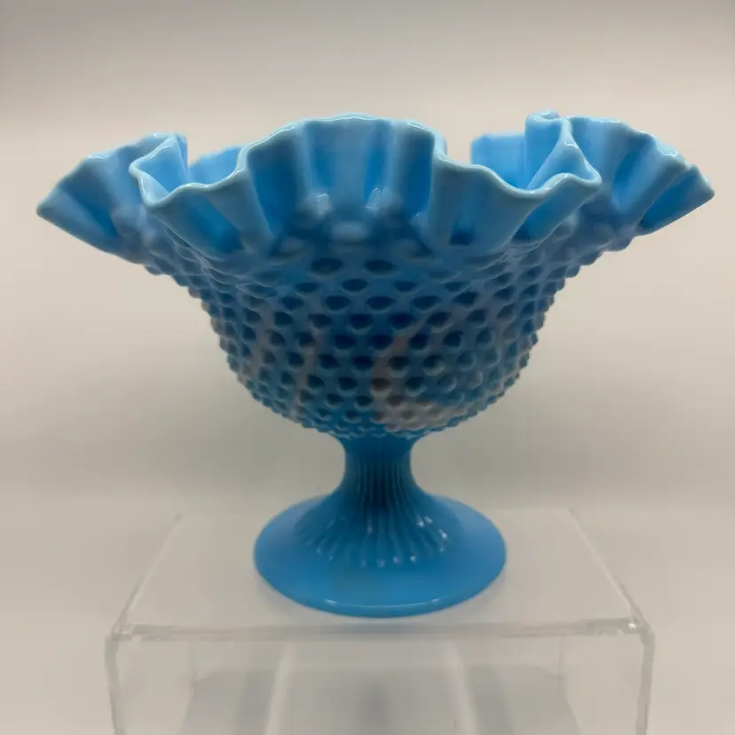 Vintage Fenton Blue & White Slag Glass Hobnail Footed Bowl-pedestal Compote 9”