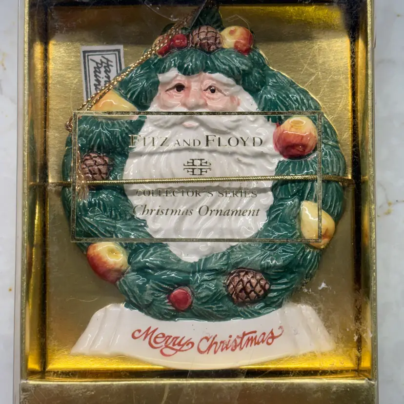 Fitz and Floyd Woodland Santa Christmas Ornament Wreath - Merry Christmas