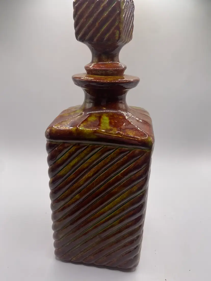 Vintage Mid Century Ceramic Decanter with Stopper Brown Green Drip Glaze MCM Rope Accent Flawless