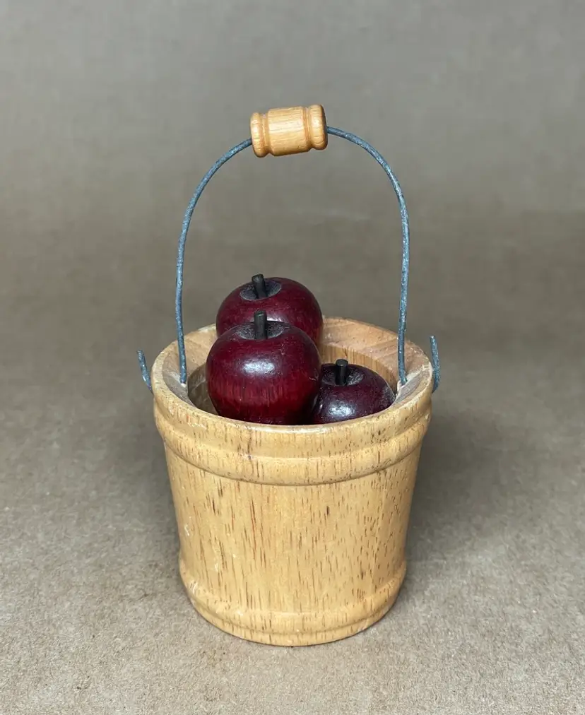 Wooden Bucket with Wooden Apples Miniature Decor