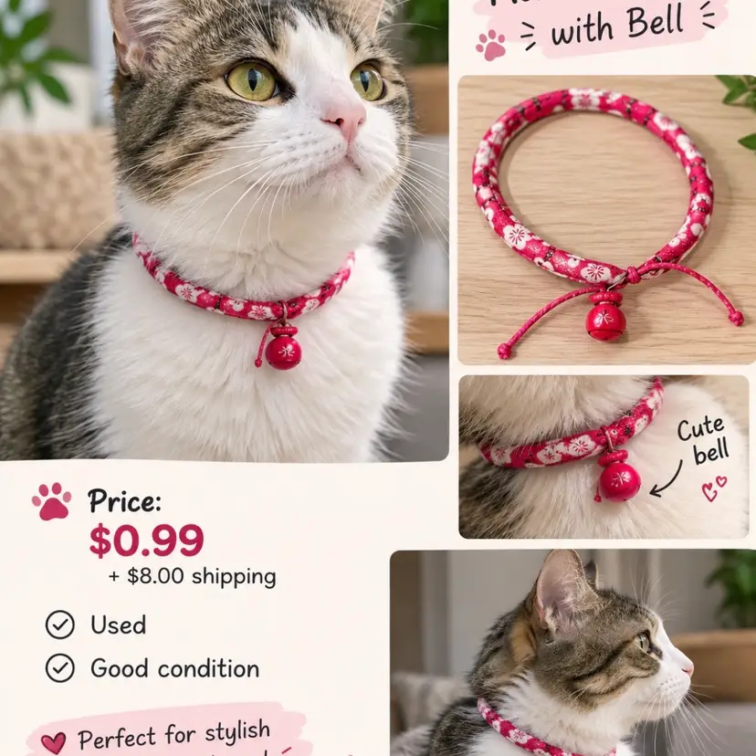 Floral Charm Cat Collar with Bell used and in good condition