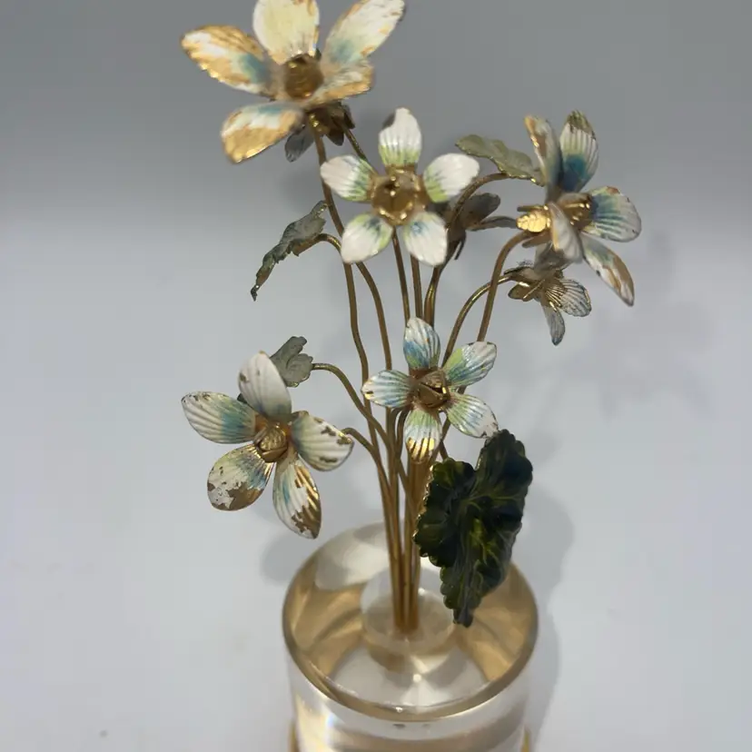 Vintage Jane Hutcheson Enamel Metal Flowers With Clear Lucite Base 7”
