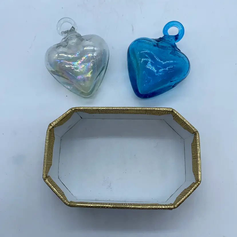 #0206 Two glass heart charm Ornaments and an octagonal decorative Box.