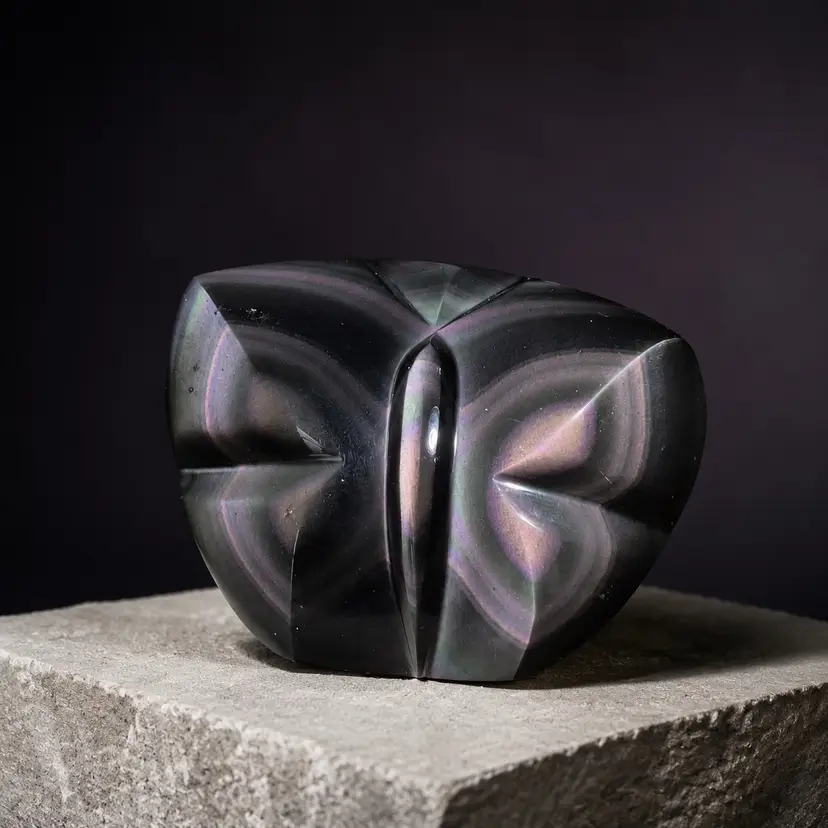 Rainbow Obsidian Butterfly Carving – Hand Carved Mexican Collector Stone, Iridescent Palm Stone
