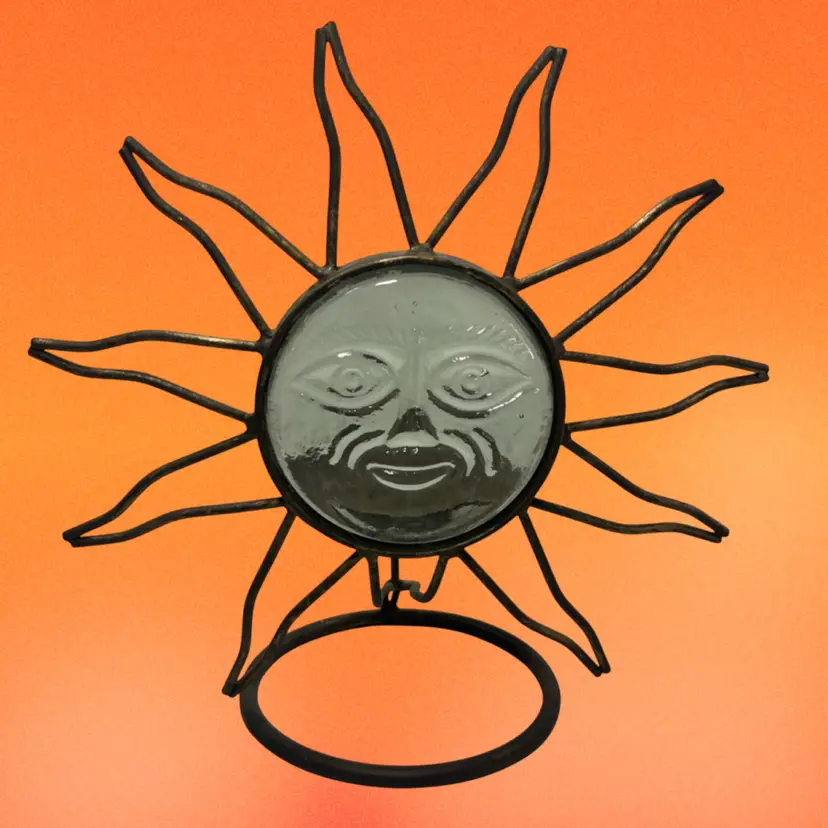 Metal Celestial Clear Glass Sun Face Vtg. Candle Holder | 10.25”