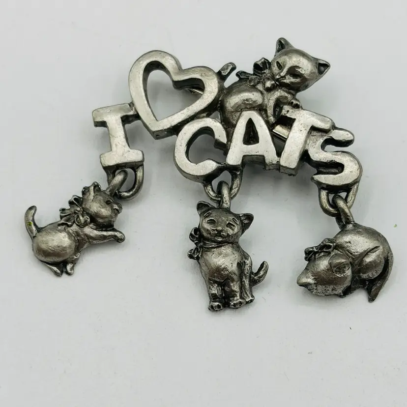 Vintage Pewter Spoontiques 4192 I LOVE CATS kittens Brooch Pin