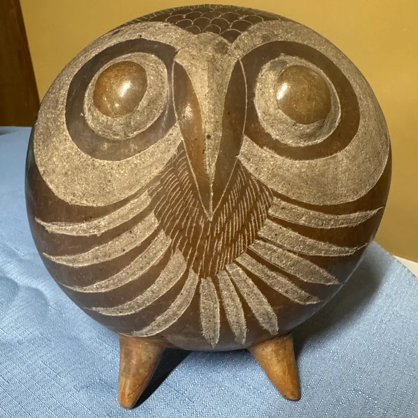Mexican Barro Negro Owl Figurine |1970s Oaxaca Clay Hand Made Pottery 7.5” tall