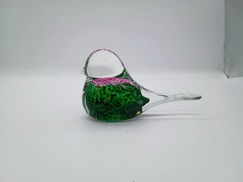 Hand Blown Art Glass Clear Fat Little Bird with Pink and Green Body .