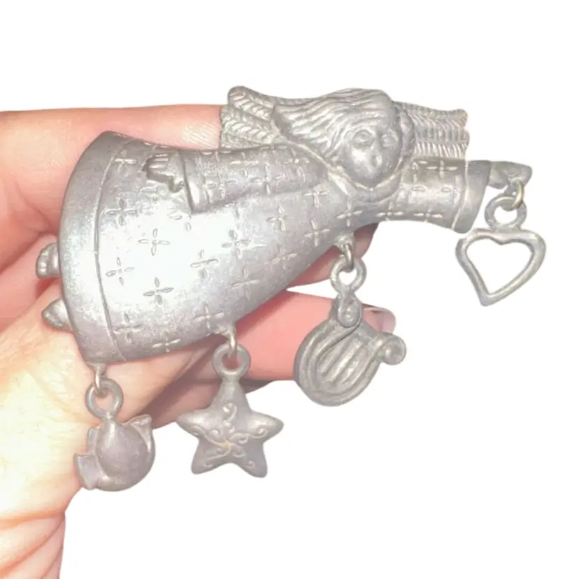Silvertone Flying Angel W/charms Brooch Pin