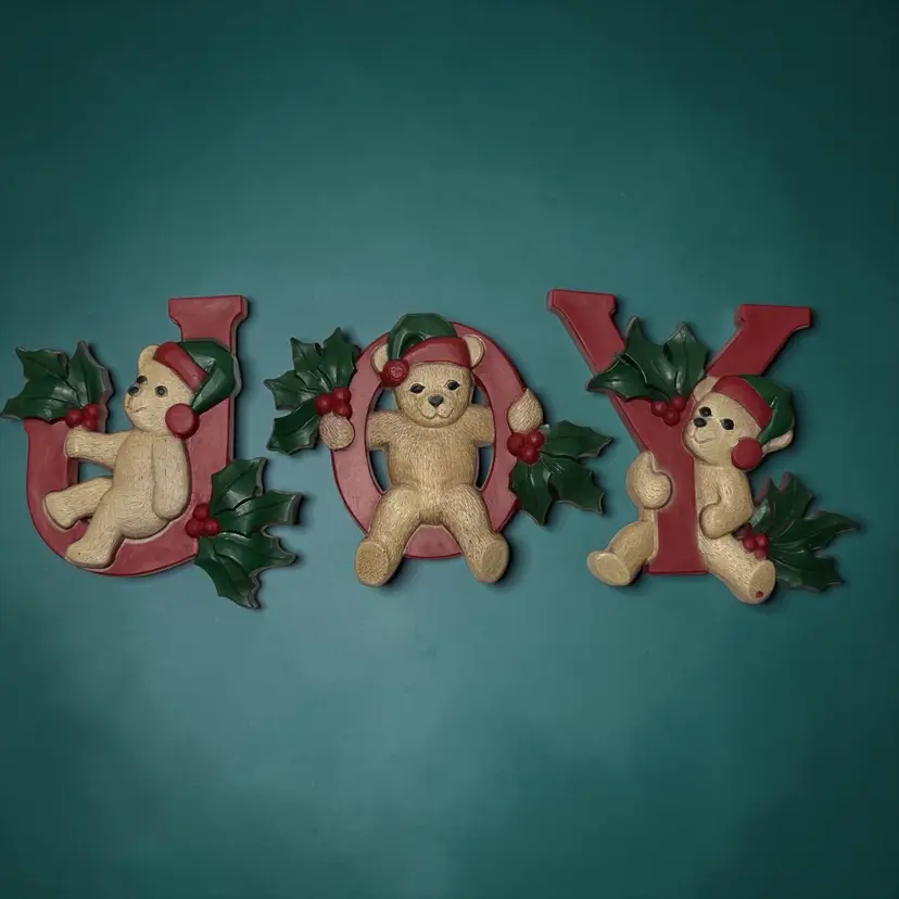 Vintage Homco Bear JOY Plaques (3-piece set) Christmas Molded Resin Decor