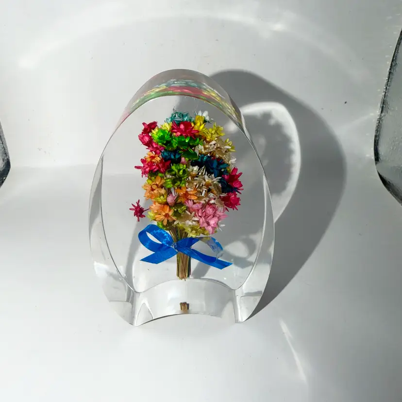 Vintage Dried Flower Bouquet in Clear Lucite Acrylic Paper Weight Retro Decor