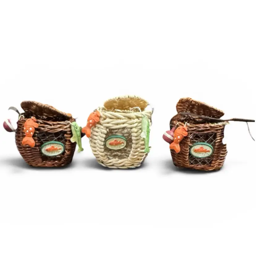 Set Of Three Fisherman Basket Christmas Ornaments Or Craft Supplies