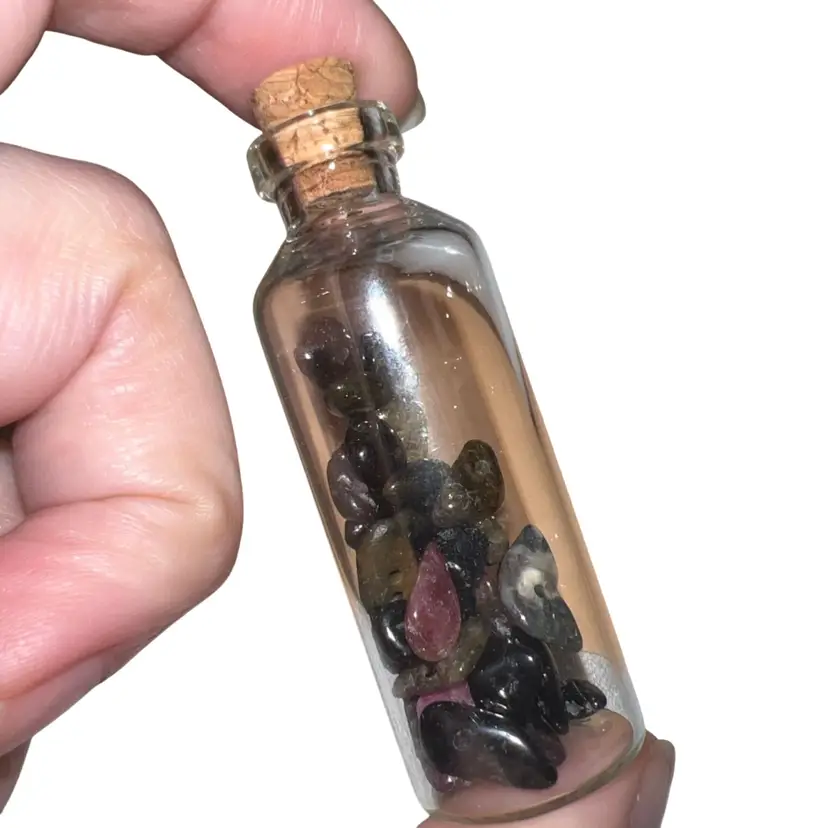 Mini Glass Bottle W/ Tourmaline Pre Drilled Tumbled Chip Beads