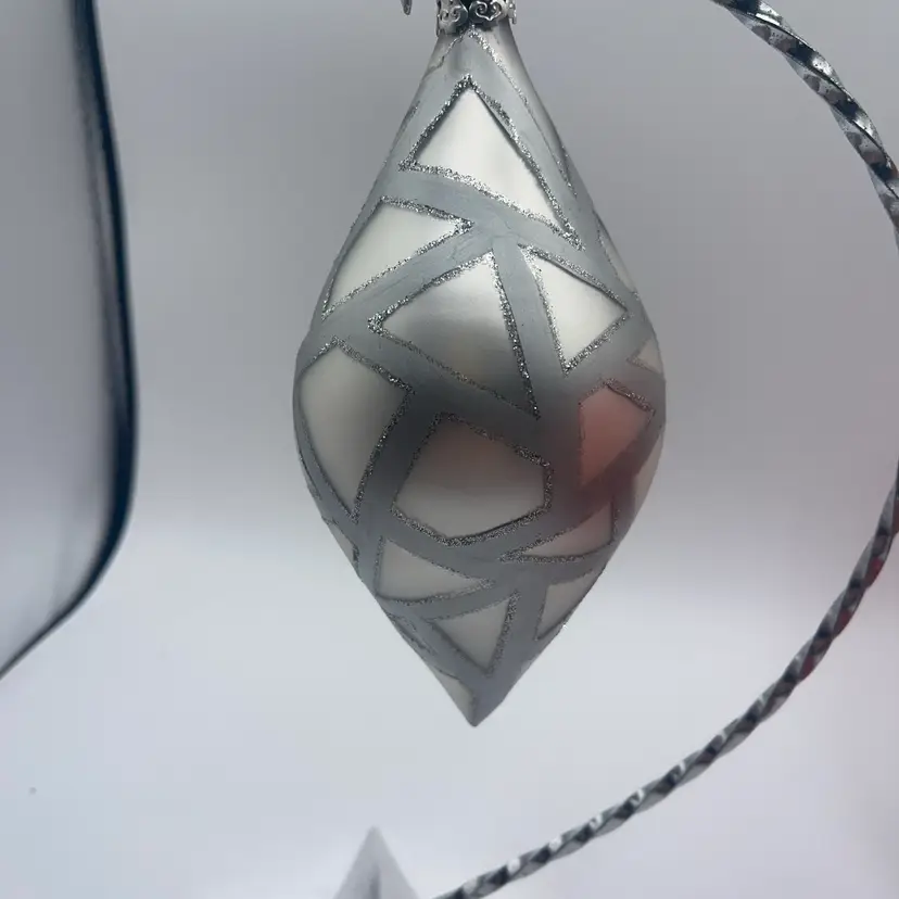 blown Glass Silver Ornament With Glitter 7 Inches