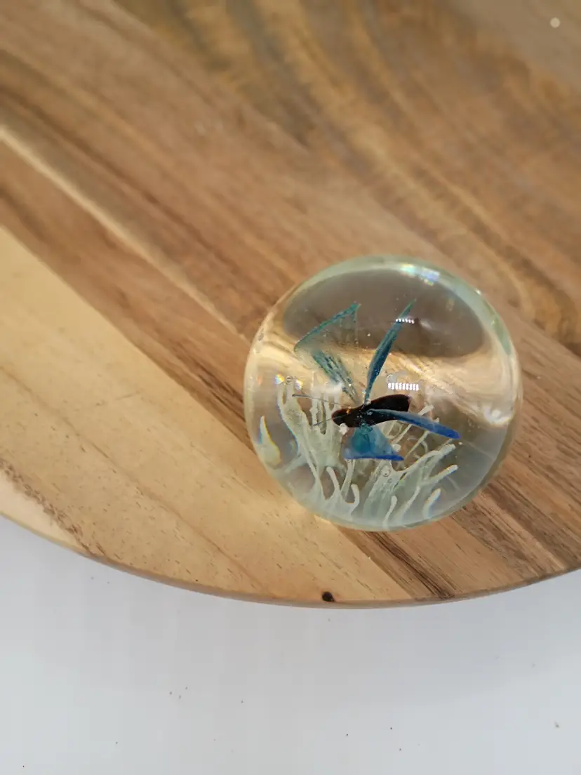 Dynasty Gallery Paperweight Hand Blown Art Glass Blue Butterfly over White Flower Petals.