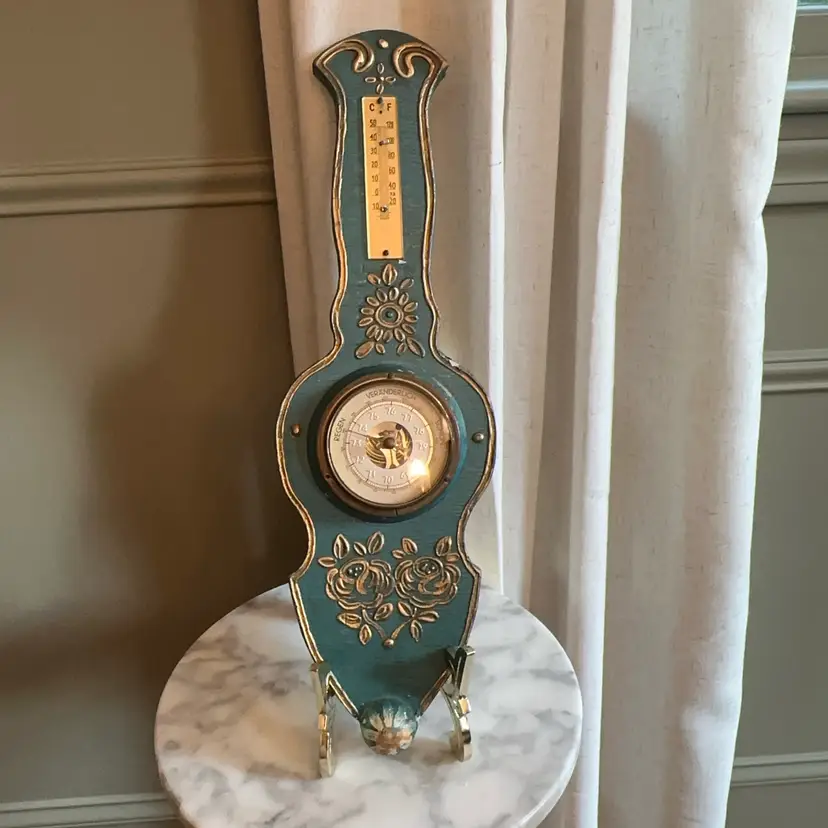 🔔 Antique German Aneroid Barometer Thermometer Teal Gold Wood Case Circa 1890 AS-IS