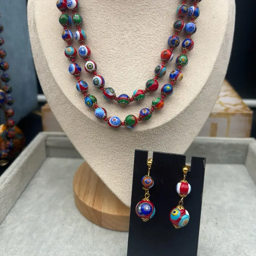 #01 Murano Millefiori Glass Beaded Necklace & Earrings Set 30” Venetian Art Glass Gold Tone