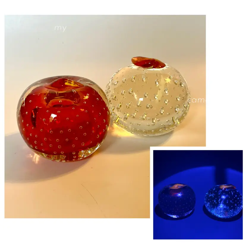 Pair VTG Art Glass Apple Paperweights Controlled Bubble UV Stems Lefton / Japan