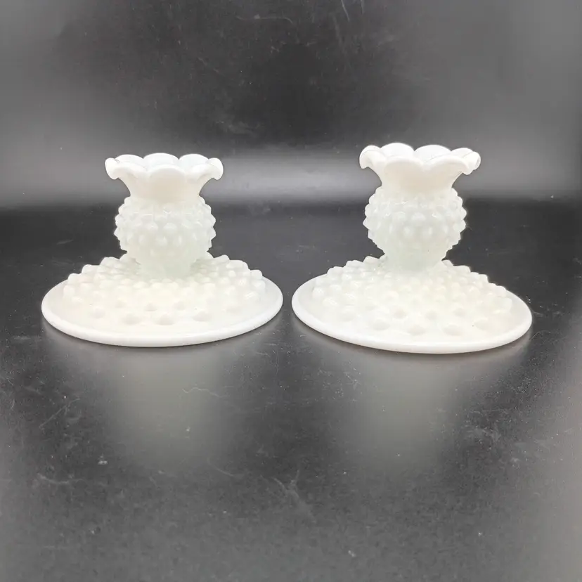 Pair of Fenton hobnail milk glass candlesticks