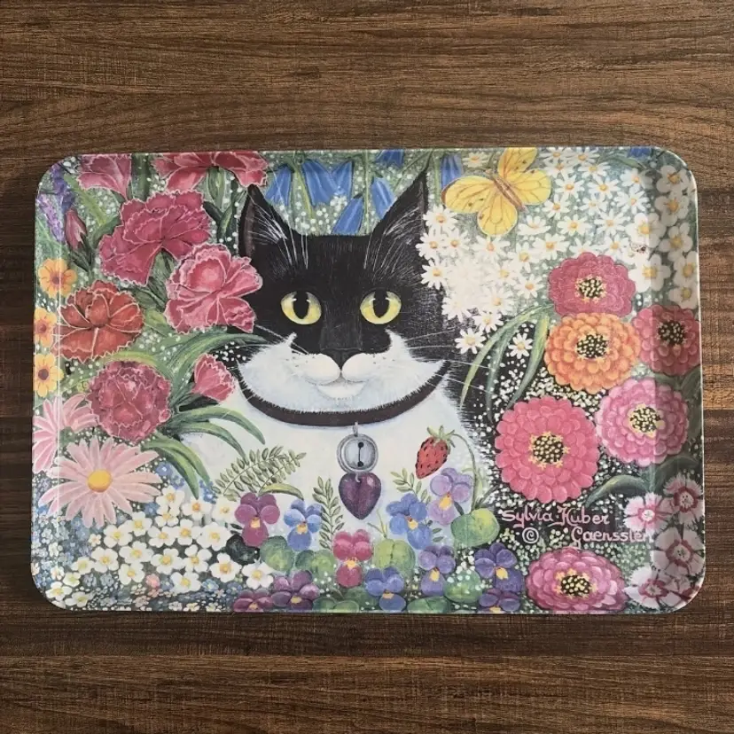 Vintage Melplus Italy Melamine Cat Garden Tray Sylvia Huber Gaensslen #20052