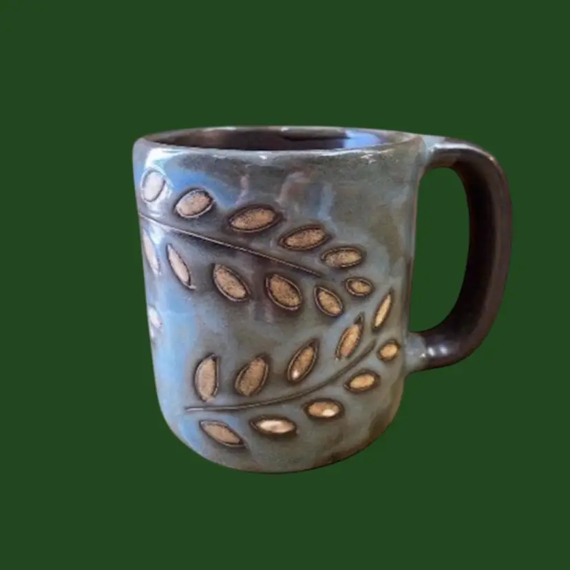 #092- Mara Stoneware Pottery Mug Sage Pattern Mexico Plant Leaf