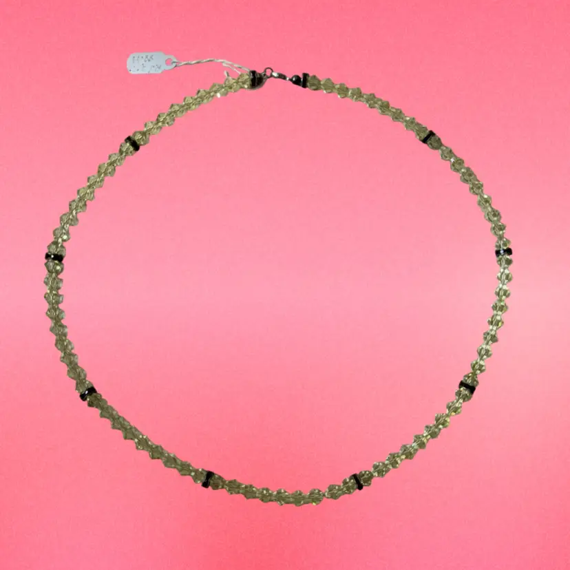 Vintage Artisan Made Sterling Silver Pale Yellow Crystal & Black Rondel Bead Necklace 20”