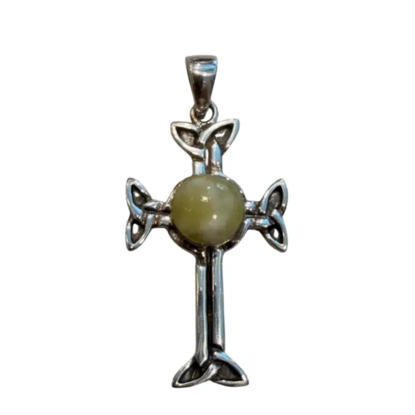 Vintage FA Sterling Silver Celtic Cross Trinity Arms Pendant with Scottish Connemara Marble 1.75”, 3.3g