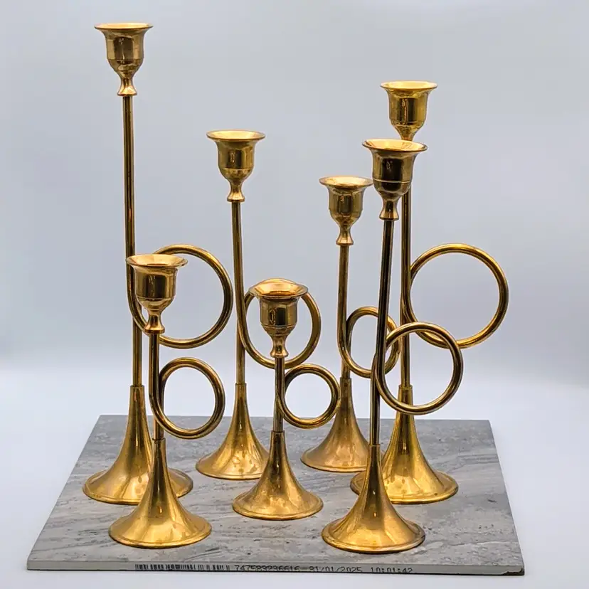 Vtg Lot of 7 Brass Trumpet Bugle Horn Taper Candle Holders Graduated Christmas
