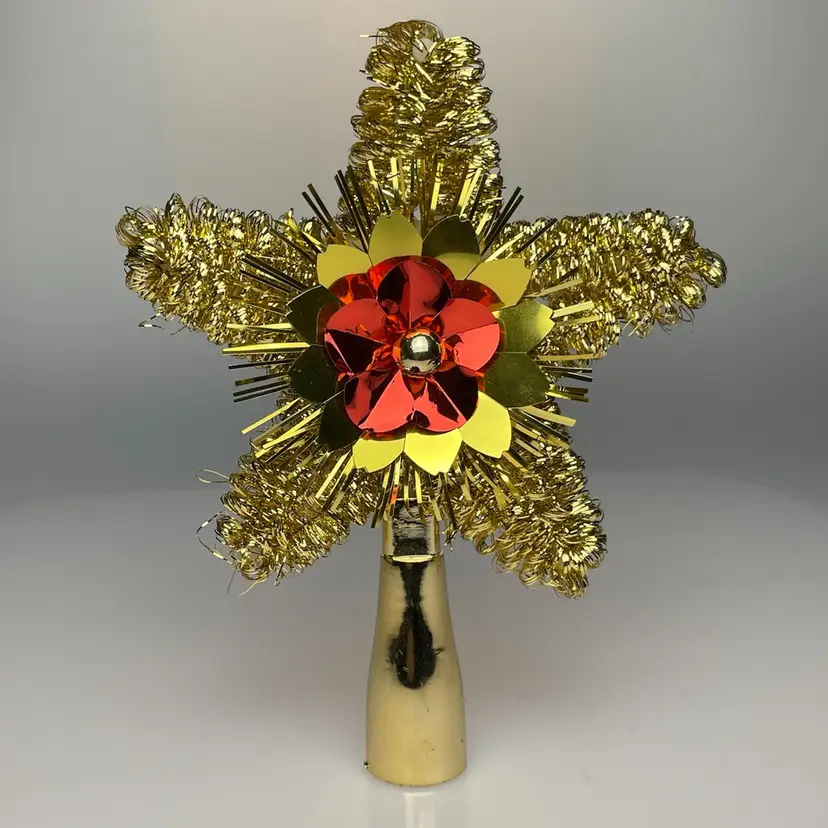 Tinsel & Foil Star Retro Christmas Tree Topper Kitsch Gold Red Vintage MCM 7”