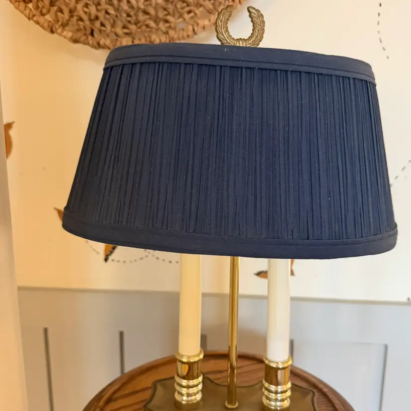 Brass Bouillotte Double Candle Table Lamp – Navy Pleated Shade