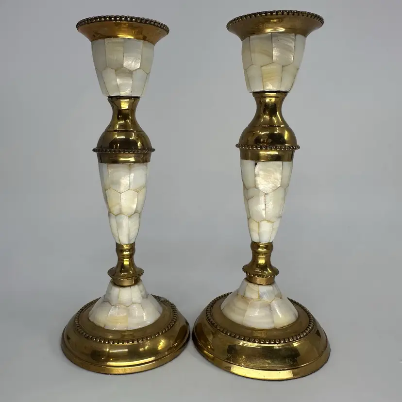 Antique Brass Mother of Pearl Inlay Candle Holders Set of 2 In Original Box