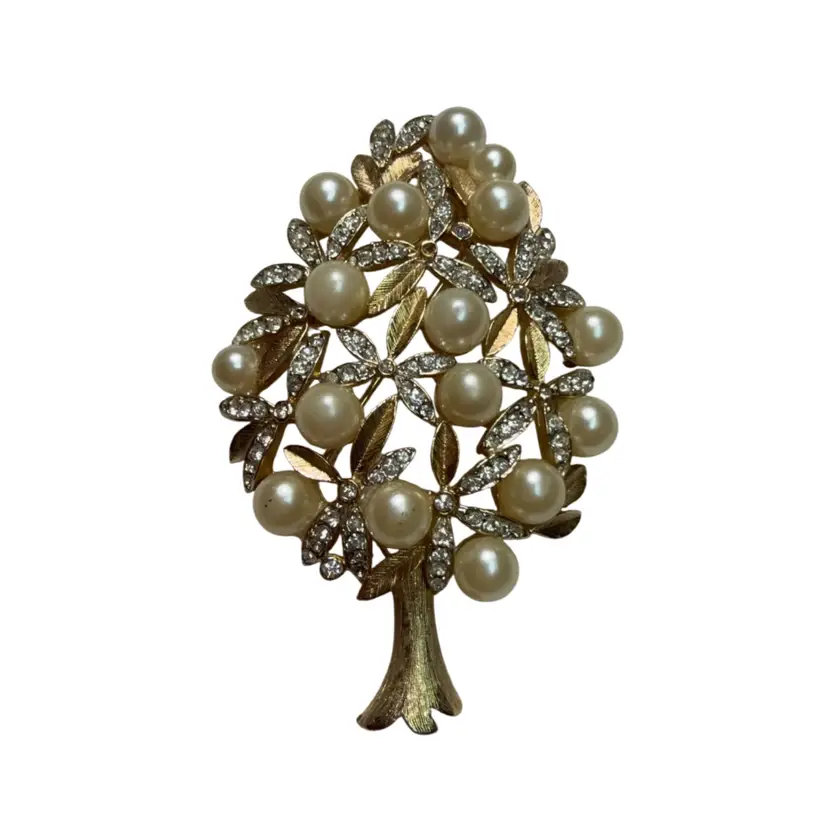 Marvella Faux Pearl & Tiny Rhinestones Gold Brushed Leaves & Trunk Brooch - 2.5”