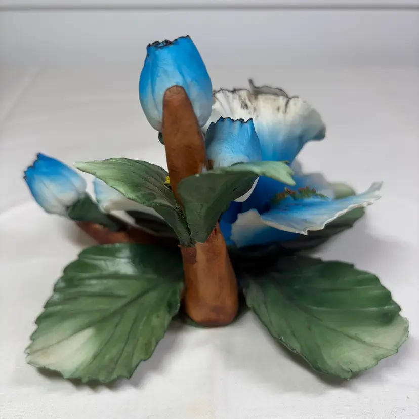 Vintage Capodimonte Porcelain Blue Tipped Flower Sculpture By Albertini