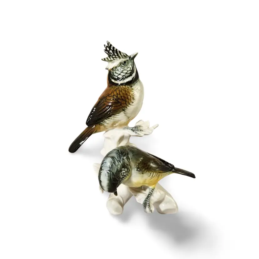 Large Vintage Karl Ens Porcelain Bird Figurine - Crested Titmouse & Coal Tit on Branch, Blue Mark