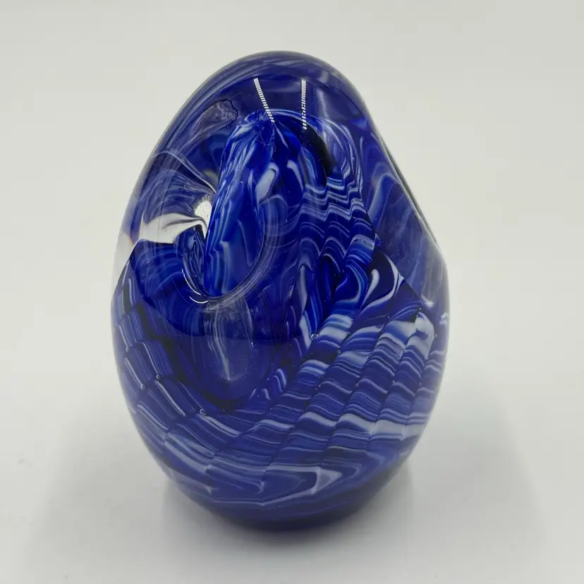 Prestige Art Glass Vintage 1997 Pen Holder Paperweight Cobalt Blue White Swirl