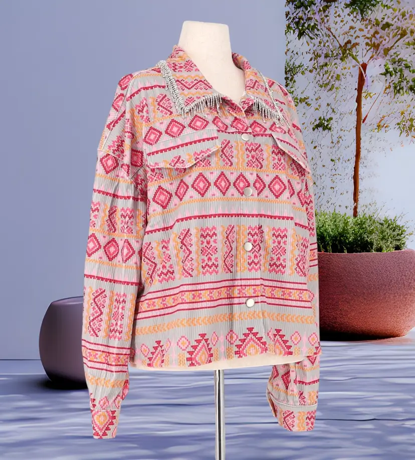SAVANNA JANE Rhinestone Tassels Aztec Inspired Print Corduroy Jacket