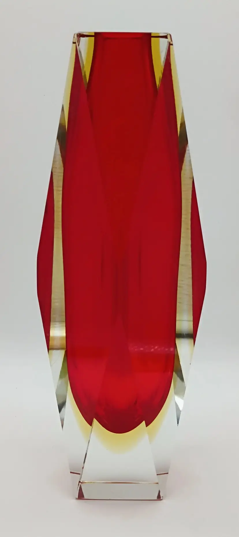 Vintage Murano Faceted Vase ~ Mandruzzato Sommerso ~ Ruby Red w/Yellow ~ w/Label