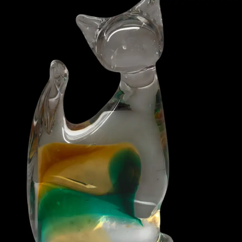 Murano Style Hand Blown Glass Cat Figurine Green Amber Gold Sommerso 5"