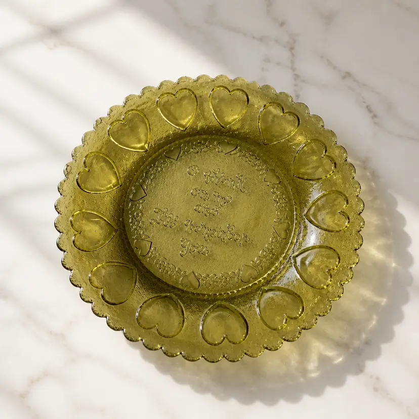 Green Glass Dish that Reads "O Think On Me and I'll Remember You" 8"