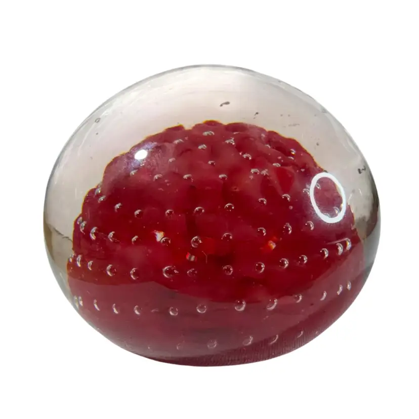 033. Asian Red Glass Floral Paperweight 3”