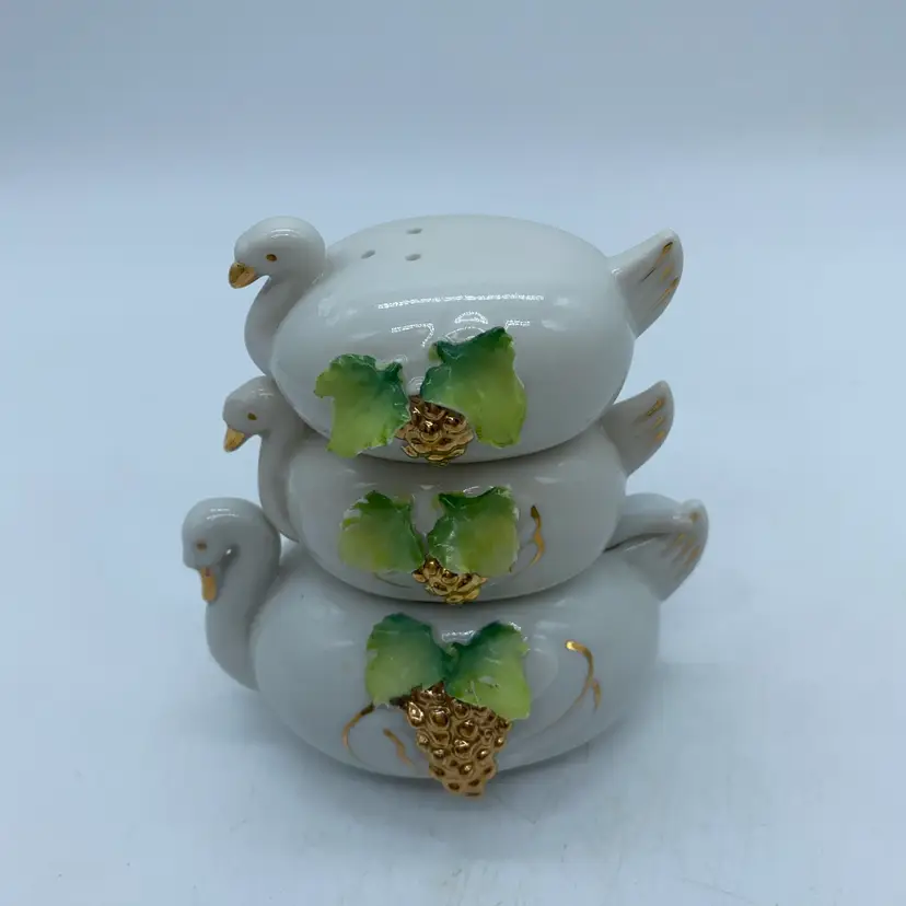 #2025 vintage ceramic stacking swan salt, pepper, and mustard holder.