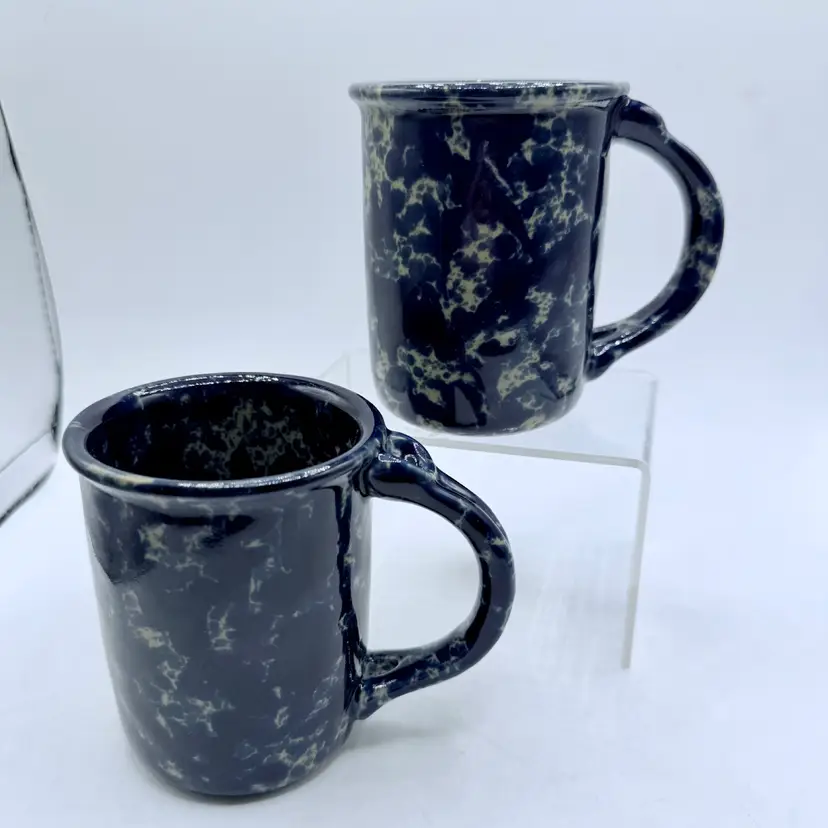 Vintage Bennington Potters Agate Blue Mugs Set of 2 1967 DG Spongeware USA