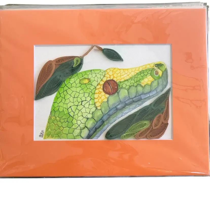 Original Watercolor Snake With Quilled Leaves 5 X 7” In 8 X 10” Orange Matte