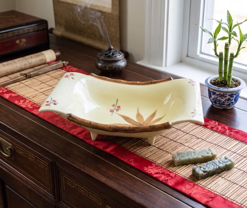 Shinbi Vintage Mid-Century Japanese Ceramic Serving Dish with Bamboo Rim